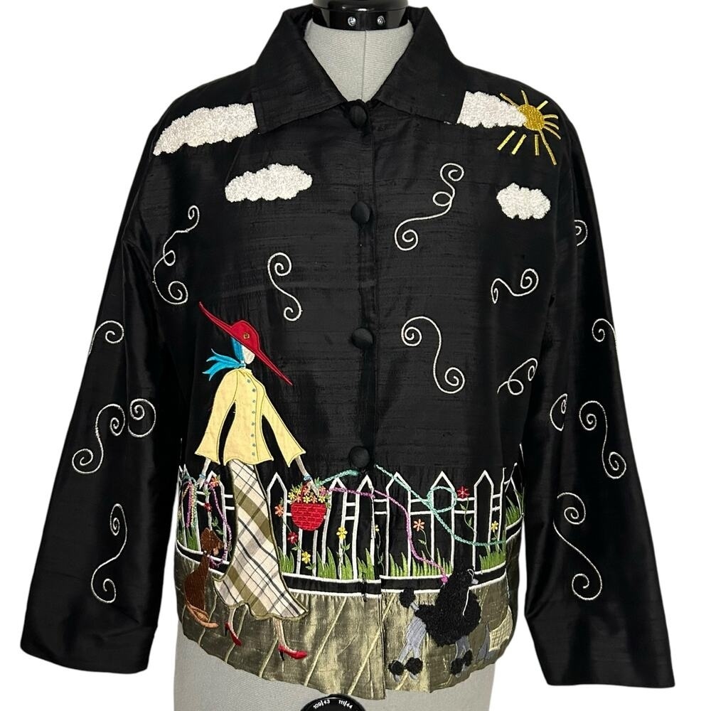 Vintage Whimsical Embroidered Silk Jacket Size L